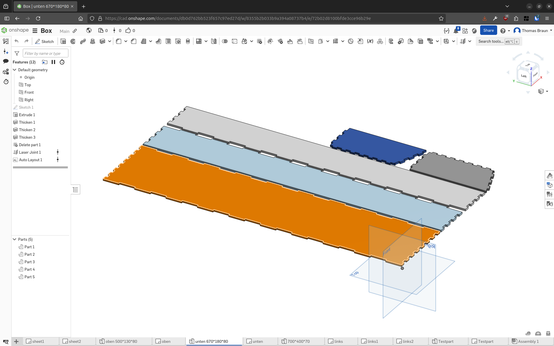 Onshape CAD drawing using Laserjoint and Autolayout.