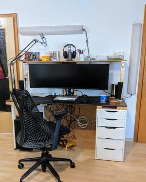 Maybe a bit uglier than the old desk, but a lot stronger, less annoying, with a big solid shelf and correct cable path. Desk surface: 160x70cm